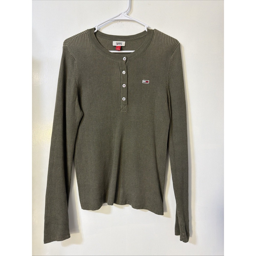 Tommy Jeans Cotton Shirt Womens Medium Long Sleeve Green Ribbed Henley Preppy